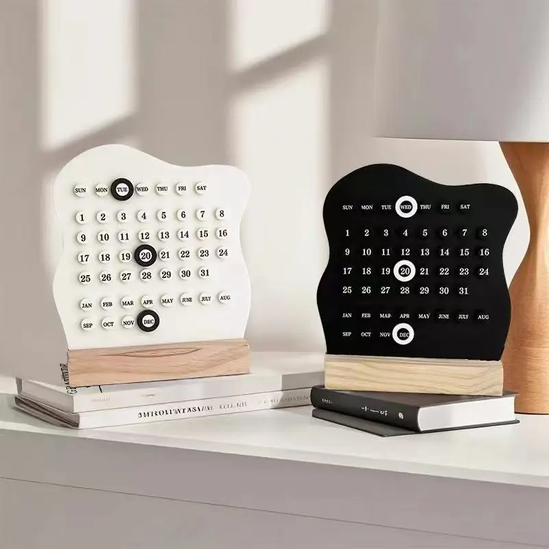 Cream Perpetual Calendar, DIY Planning & Organization, Office Desk Accessory, Aesthetic Decor, Random Wood Texture Base（The wood grain and color of the base are random.）