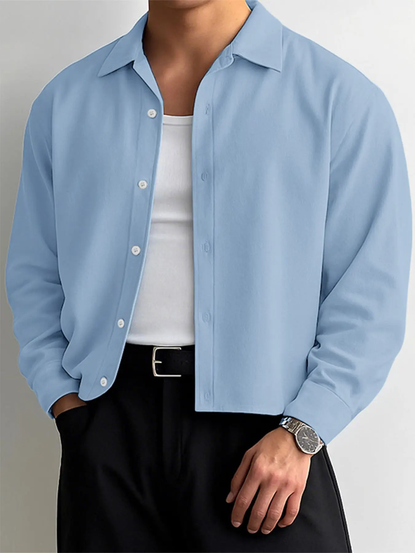 INCERUN Men Shirt Solid Color Lapel Casual Collared Long Sleeve Button Loose Crop Tops Men Streetwear Fashion Casual Men Clothing