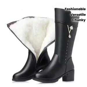 2025 Winter New Trendy Black Lined Warm Adorned Chunky Heel Stylish Versatile Mid-Calf Boots, Women Shoes