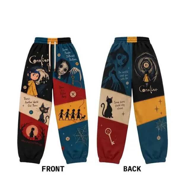 Button Inspired Graphic Sweatpants, Horror Patchwork Wide Leg Jogger Pants, Gothic Cartoon Lounge Pants, Unisex Streetwear