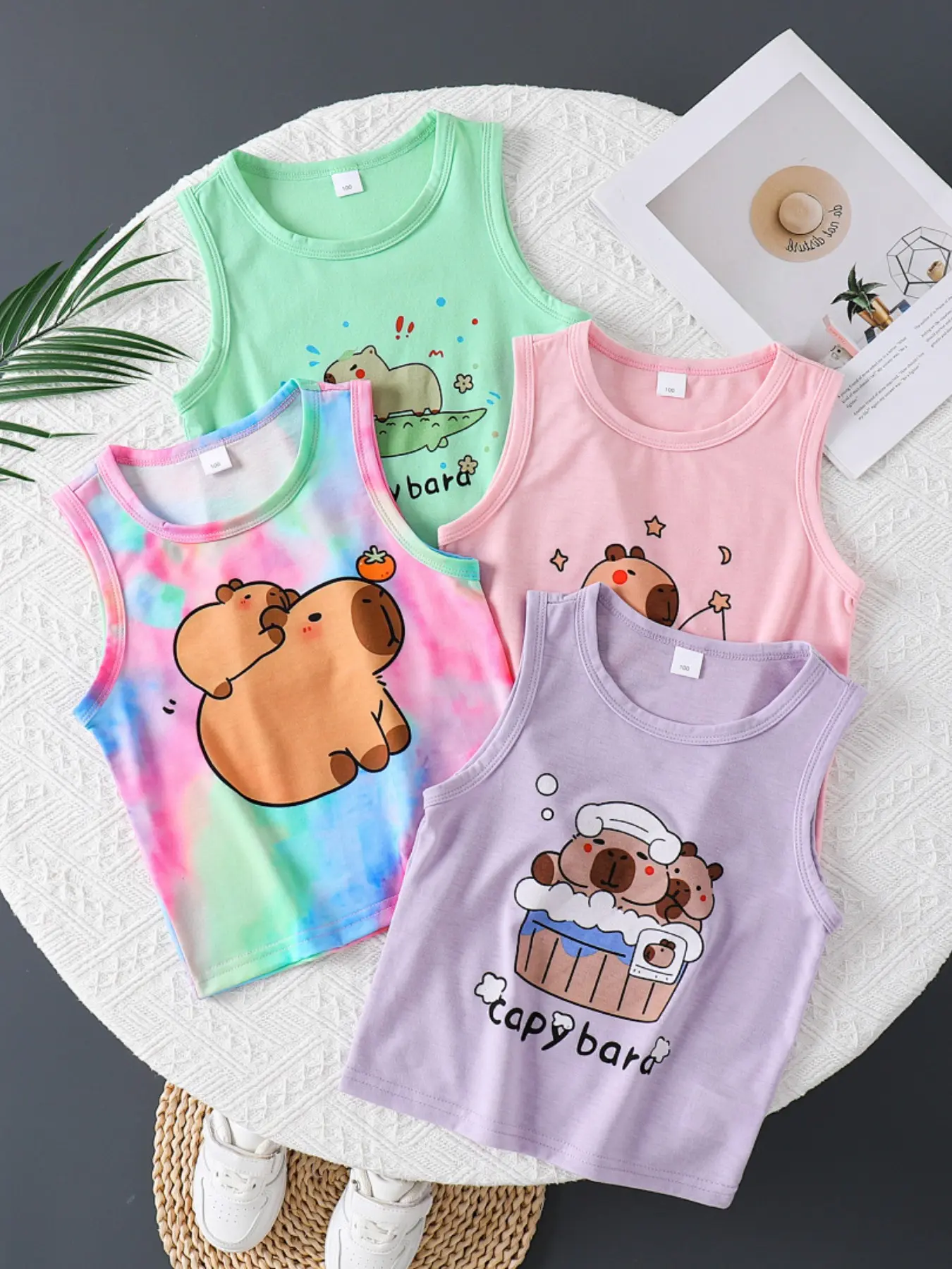 Summer Girls' 4-Piece Cute Capybara Print Round Neck Design Vest Top, Girly Casual Sportswear for Toddlers, Fitted Letter Pattern, Soft Top, Clothes, Children