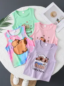 Summer Girls' 4-Piece Capybara Print Round Neck Design Vest Top, Casual Sportswear for Toddlers, Fitted Letter Pattern