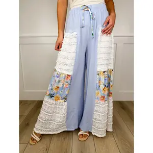 POL Ruffles of Bloom High-Rise Cotton Wide Leg Blue Bottoms