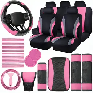39pcs Complete Car Interior Makeover Set - Luxurious Pieces For Women's Car - Polyester Seat Covers, Steering Wheel Cover, Shoulder Pads, Handbrake Cover, Gear Shift Cover, And Coaster, Air Vent Trim Strip - Ideal Vehicle Decoration Kit