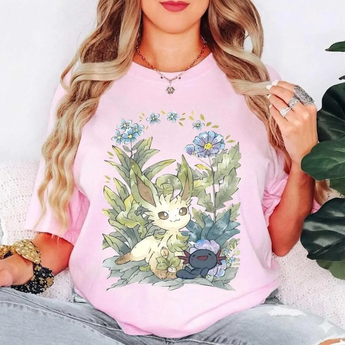 Leafeon and Wooper Floral Shirt, Comfort Color Botanical P0ke Tee, Cute Nature Creature Graphic, Cottagecore Anime Gift, Unisex Shirt Jayshon