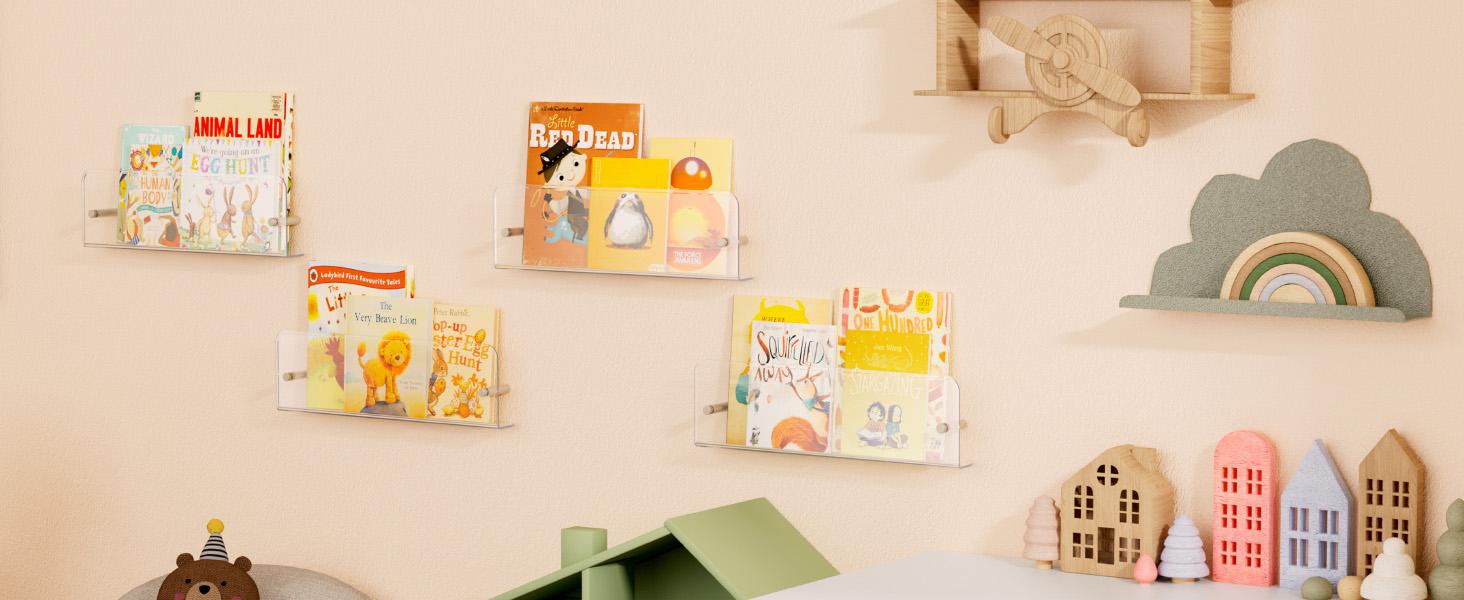 Lifewit 15" Floating Nursery Bookshelf, Clear Acrylic Wall-Mounted Racks for Kids' Magazines/Pictures, Ideal for Bedrooms and Living Rooms