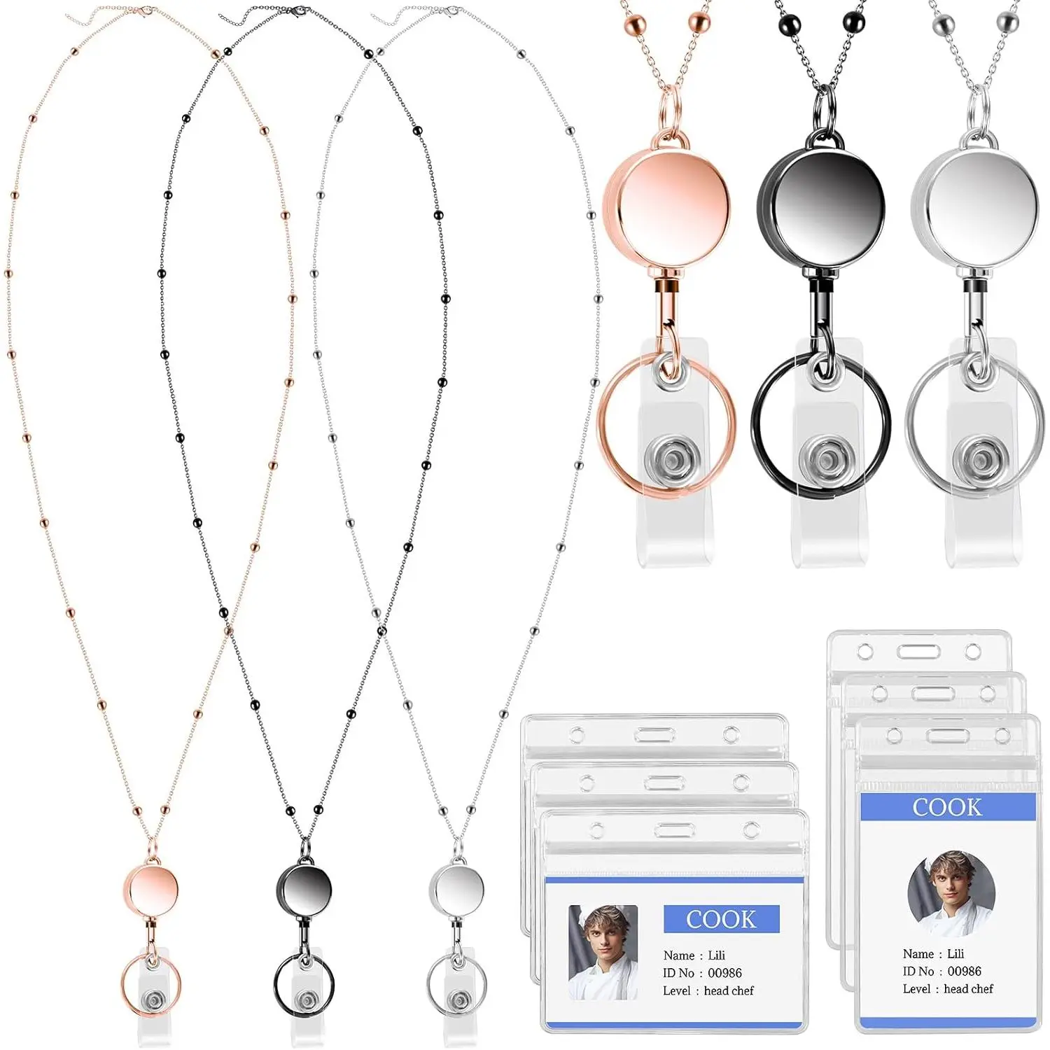 Lanyards for Id Badges, 3 count Beaded Badge Lanyard with 6  Name Badge Holder, Retractable Badge Reel Lanyard with ID Holder for Girls Women