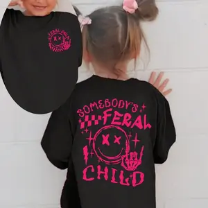 Toddler Girls Somebody's Feral Child Graphic T Shirt Retro Pink Skeleton Smiley Face Soft Cotton Tee Casual Streetwear for Little Girls Trendy Humor Apparel