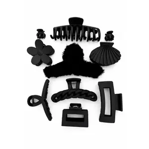10 Piece Women Black Plush Hair Claw Clip Set Soft Comfortable Daily
