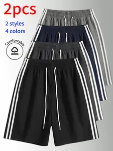 2-Pack   summer men’s mid-thigh shorts: loose casual shorts with two striped accents; multifunctional sports shorts suitable for daily commuting, outdoor travel, work, workouts, and running.