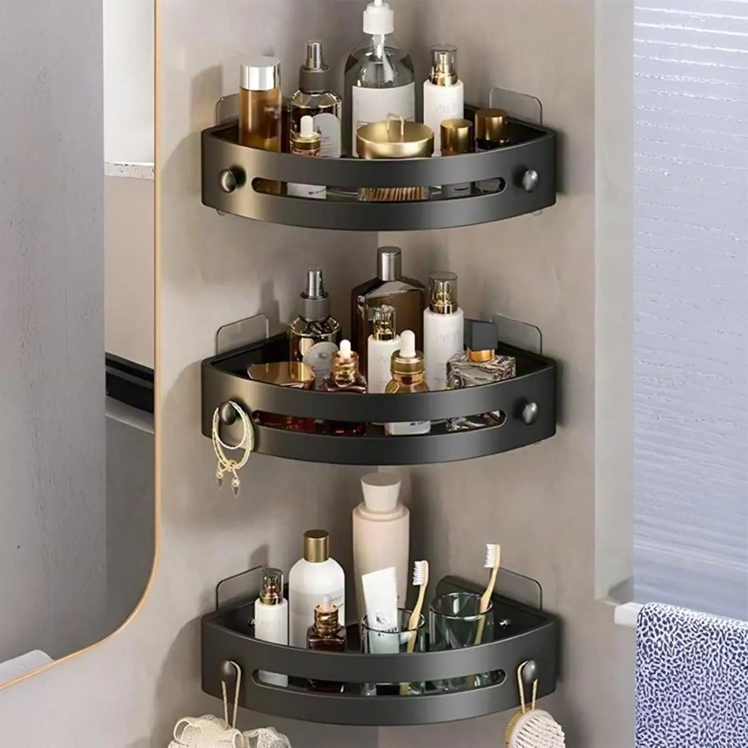 3 Pack Triangle Shower Caddy Corner Shelves, Drill Free Wall Mount Bathroom Organizer with Adhesive, Plastic Shower Corner Storage Rack with Towel Hooks and Drainage Holes, Black/White