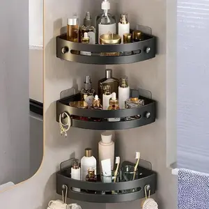 3 Pack Triangle Shower Caddy Corner Shelves, Drill Free Wall Mount Bathroom Organizer with Adhesive, Plastic Shower Corner Storage Rack with Towel Hooks and Drainage Holes, Black/White