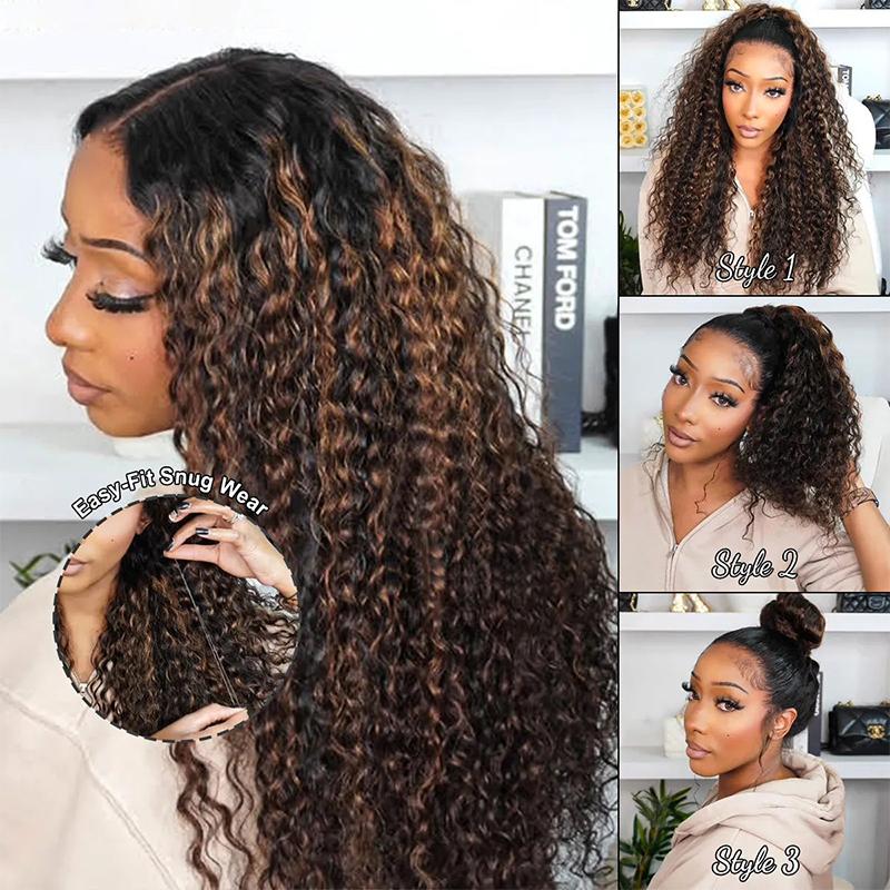 Female Human Hair 360 Lace No Glue Fluffy Wave Wig, Brown Balayage Highlights, 180% Density, Pre-Cut HD Skin Lace, Invisible Adjustable Strap Fit, Length 22 Inch, Daily Wear