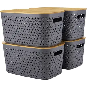 Plastic Storage Bins with Bamboo Lids Set of 4 - Pantry Organization and Storage Containers Storage Baskets - Stackable Storage Bins for Shelves Drawers Desktop Closet Playroom Classroom Office