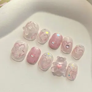 Y66 New Edition Cute Wearable Nail Art T Handmade Detachable Nail Stickers Finished Product with Lace and French Tip for Short Style