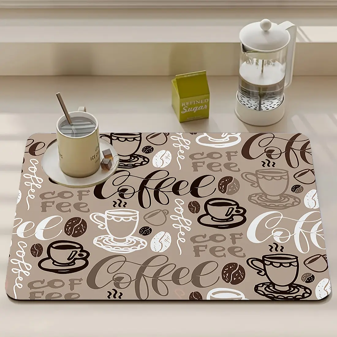 Coffee-Themed Watercolour Print Kitchen Counter Mat (40*50cm/15.7*19.7inch) - Anti-Slip Polyester Mat with Animals & Plants Designs, Quick-Drying, Strongly Absorbent, Easy to Clean, Ideal for Coffee Making, Home Use