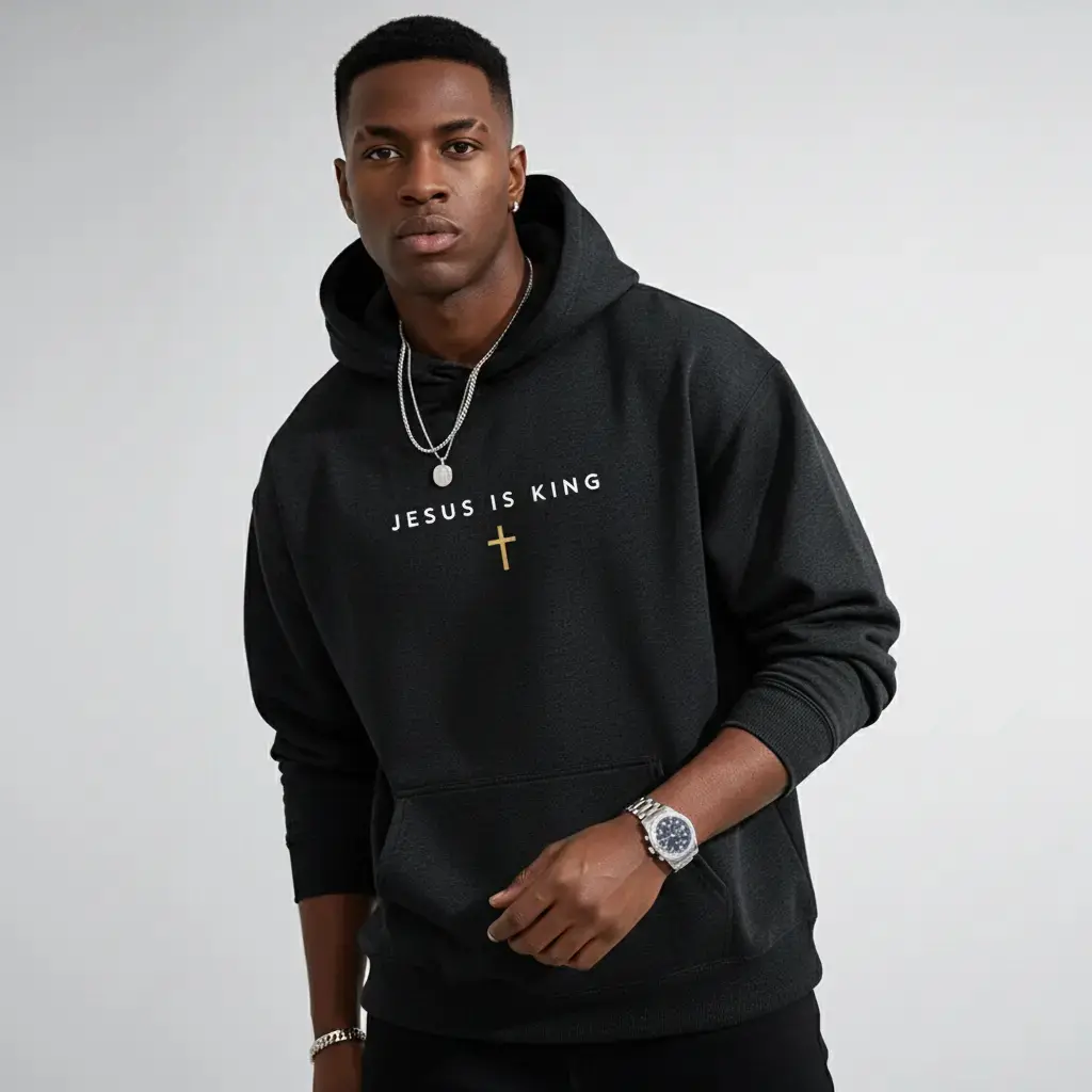 Men's Jesus is King Cross Christian Faith Graphic Hoodie Sweatshirt - Cotton Blend Black Longsleeve Menswear Pullover Top, Regular Fit, Soft Breathable Fabric, Durable Print, Machine Washable Minimalist Religious Casual Wear, Sweatshirts