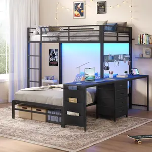 ADORNEVE Bunk Bed Twin Over Twin with 2 Person Desk, 4 Storage Drawers & Power Strips, Metal Twin Bunk Bed with LED Lights, Pegboard for Kids,Teens Student Bedroom with Safety Guardrail