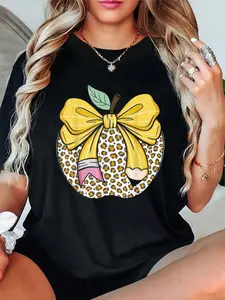 100% Cotton Teacher Coquette Pencil Bow And Apple Teacher T-Shirt, Women Graphic T Shirts -  Printed Short Sleeve T-Shirt Top