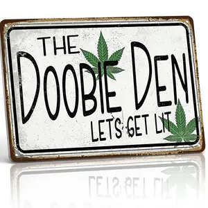 "The Doobie Den Let's Get Lit" 8x12 Inch Aluminum Metal Sign - Funny Stoner Wall Decor for Man Cave, Game Room, and Home - Retro Vintage Tin Poster with Cannabis Leaf Design - Durable, Weatherproof, and Easy to Hang - Ideal for 420 & Weed Enthusiasts