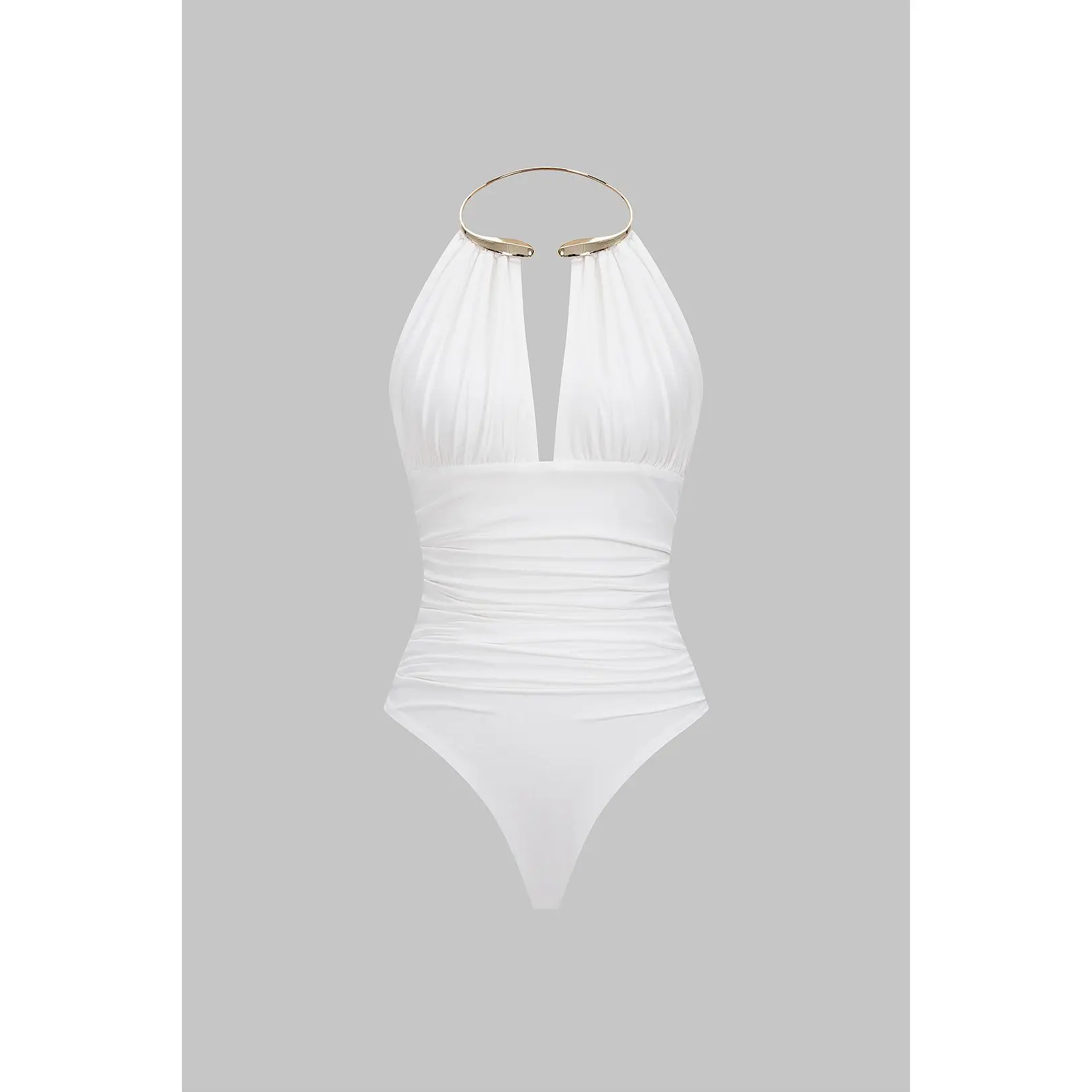Metallic Decor Halter Neck Ruched Sleeveless Backless Bodysuit