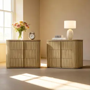 SICOTAS Fluted Nightstands Set of 2, Modern Night Stand End Tables with 3 Storage Drawers, Oversized Extra Large Bedside Table with Solid Wood Handle for Bedroom, Office, Living Room