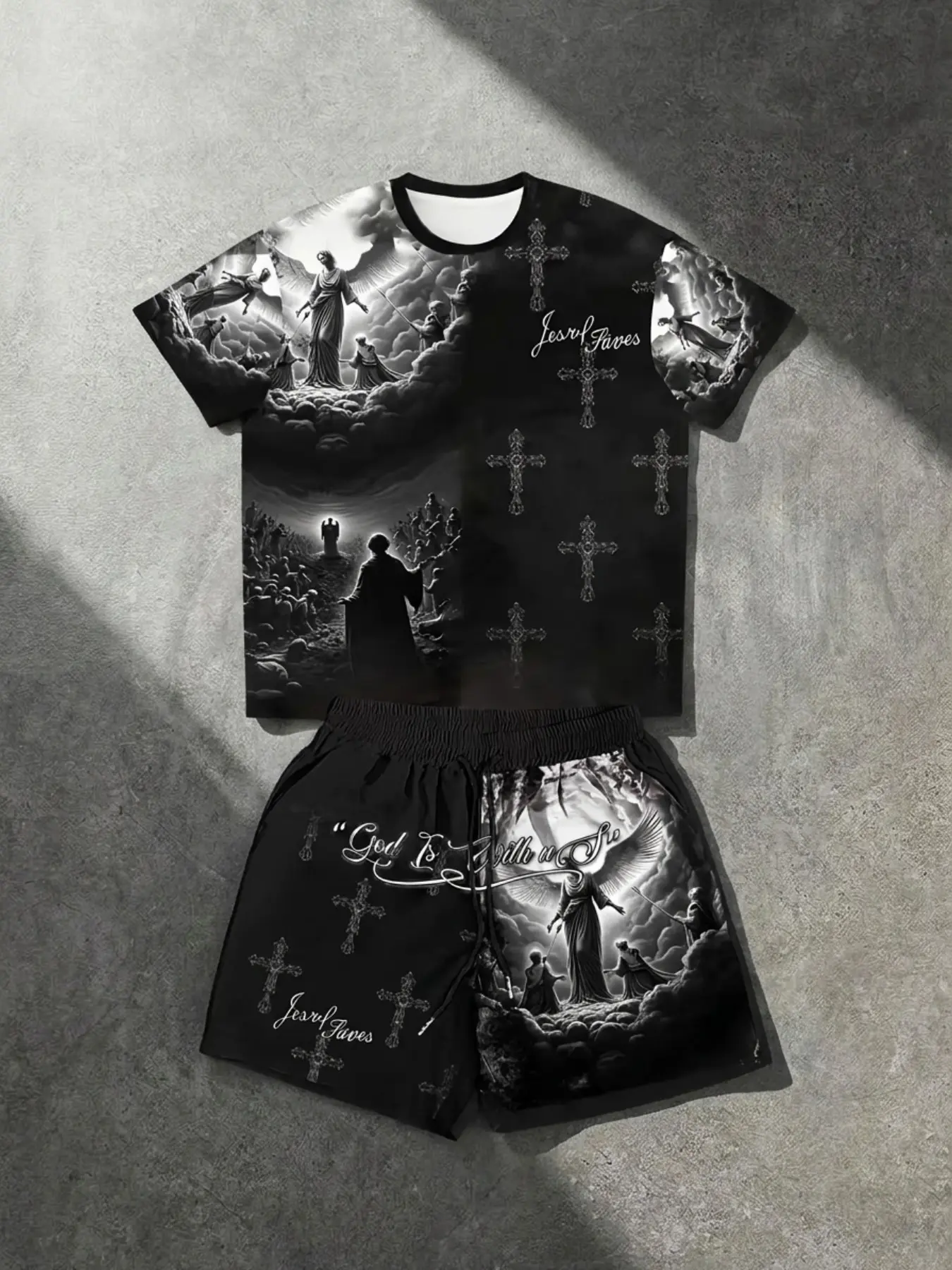 Men's Gothic Angel Cross Print Two-Piece Set, Casual Street Style Short Sleeve T-Shirt + Shorts, Matching Jesus Saves Theme, Perfect for Music Festivals