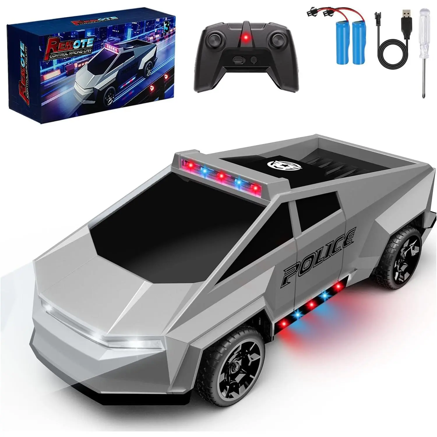 Unisex Remote Controlled Vehicle RC Car Toys - Cybertruck, Police Car Options, 2.4GHz, LED Lights, 2 Rechargeable Batteries, Ideal Gift for Kids Ages 3+