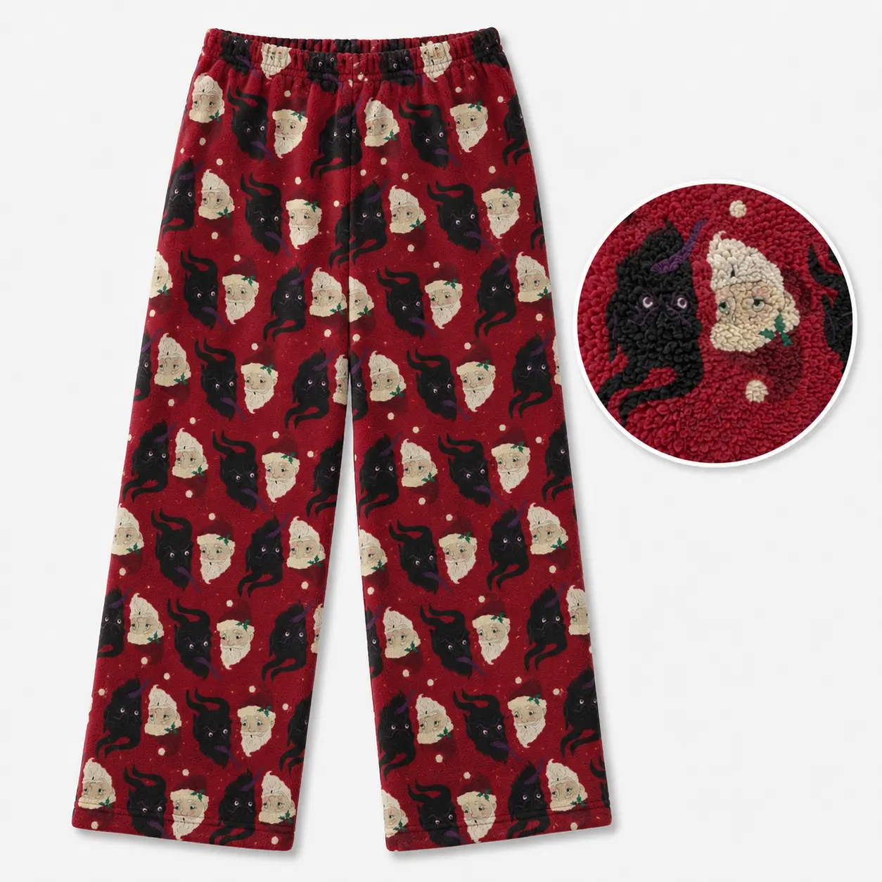 Vintage Santa & Christmas Fleece Pajama Pants, Cozy Holiday Sherpa Lounge Pants, Soft Warm Wide Leg Sleepwear for Men & Women