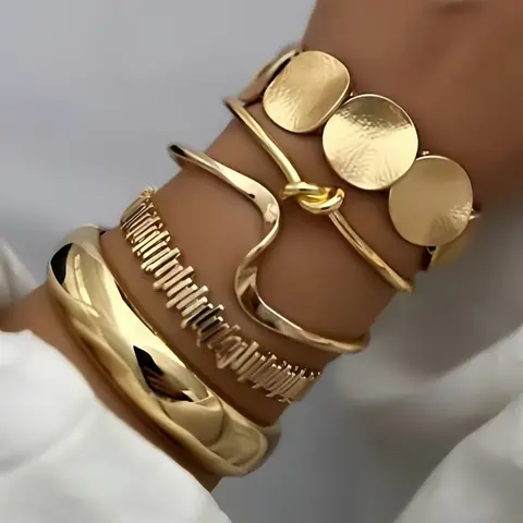 Vintage Geometric Wide Metal Bangle Set, Stackable Bracelets, 5-Piece Jewelry Collection, Perfect Gift for Everyday Wear, Stackable Cuff Bracelet, Bracelet Bundle