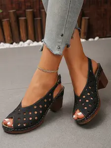 3-color fashionable hollow out high-heeled sandals, summer casual fish mouth peep toe sandals, with a lightweight and comfortable design in a single strap, suitable for daily wear, fashionable beach shoes for women Footwear For Beach