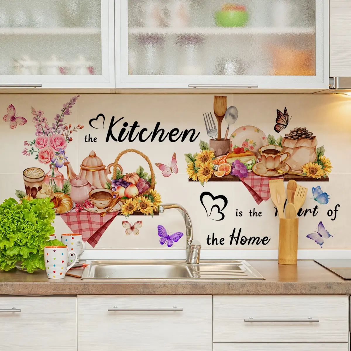 One Piece (30*90cm) Watercolor Floral Kitchen Wall Sticker, Warm Themed, Waterproof, Oil-proof, Self-adhesive Decorative Decal for Kitchen, Flower Wall Decals