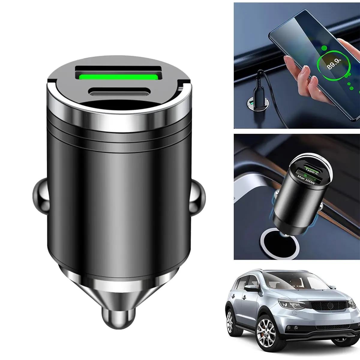 car cigarette lighter fast charger 100W Mini Car Fast Charger with USB + TYPE-C Ports – Compact Cigarette  Lighter Fast Charging