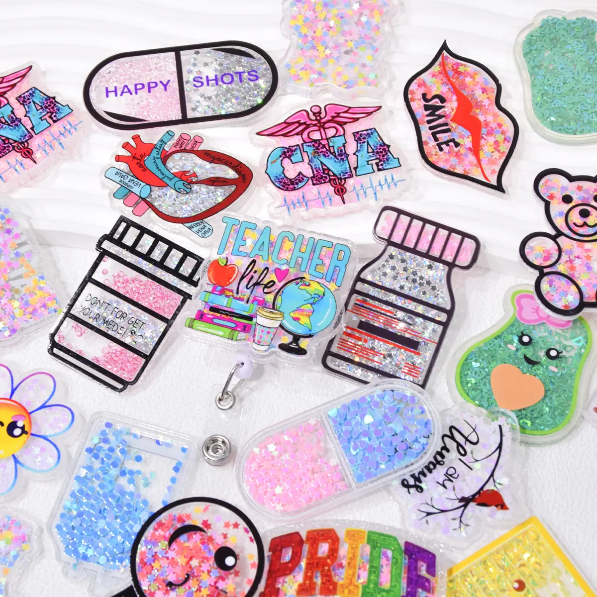 20pcs Mix Shaker Badge Reel Supplies, Acrylic Resin Flat Back Cabochons, Glitter Resin Planar Charms for DIY Badge Reel Keychains & ID Card Decoration