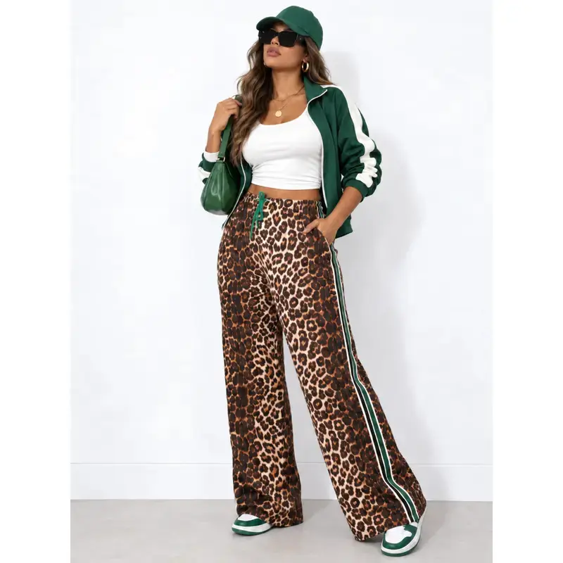 Women's Leopard Print Wide Leg Pants, Loose Fit High Rise Drawstring Lounge Pants with Green and White Side Stripes, Casual Animal Print Trousers for Spring, Summer and Fall, Streetwear, Travel Outfit, Airport Looks, Road Trips and Everyday Wear