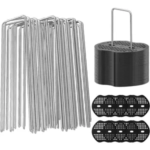 Landscape Staples 6 Inch 20 count Garden Stakes +20pcs Gasket, Galvanized Lawn Pins Spray Coating Yard Ground Spikes, U-Type Staples for Weed Barrier Anchoring Outdoor Tents Hoses