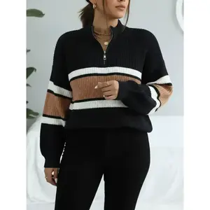 Women's color blocked striped printed half zip stand up collar sweater, casual wide truffle shoulder long sleeved jumper, autumn and winter women's knitted sweater, suitable for daily wearRAIMENTRY