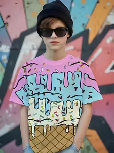 Boys' Blue Colorblock Ice Cream Print T-Shirt, Cartoon Cone Design, Graphic Print Shirt, Cool Fitted Short Sleeve, Casual Style, Kids Clothing