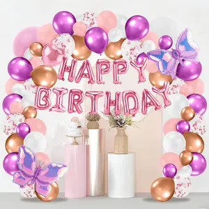 Purple Pink Balloon Garland Kit 68 Pieces with Butterfly Theme Banner for Party Event Decorations