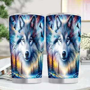 1pc Wolf Portrait Insulated Stainless Steel Cup - 20oz Leakproof Travel Mug with Wolf Face Design, BPA-Free Thermal Cup for Camping, Hiking