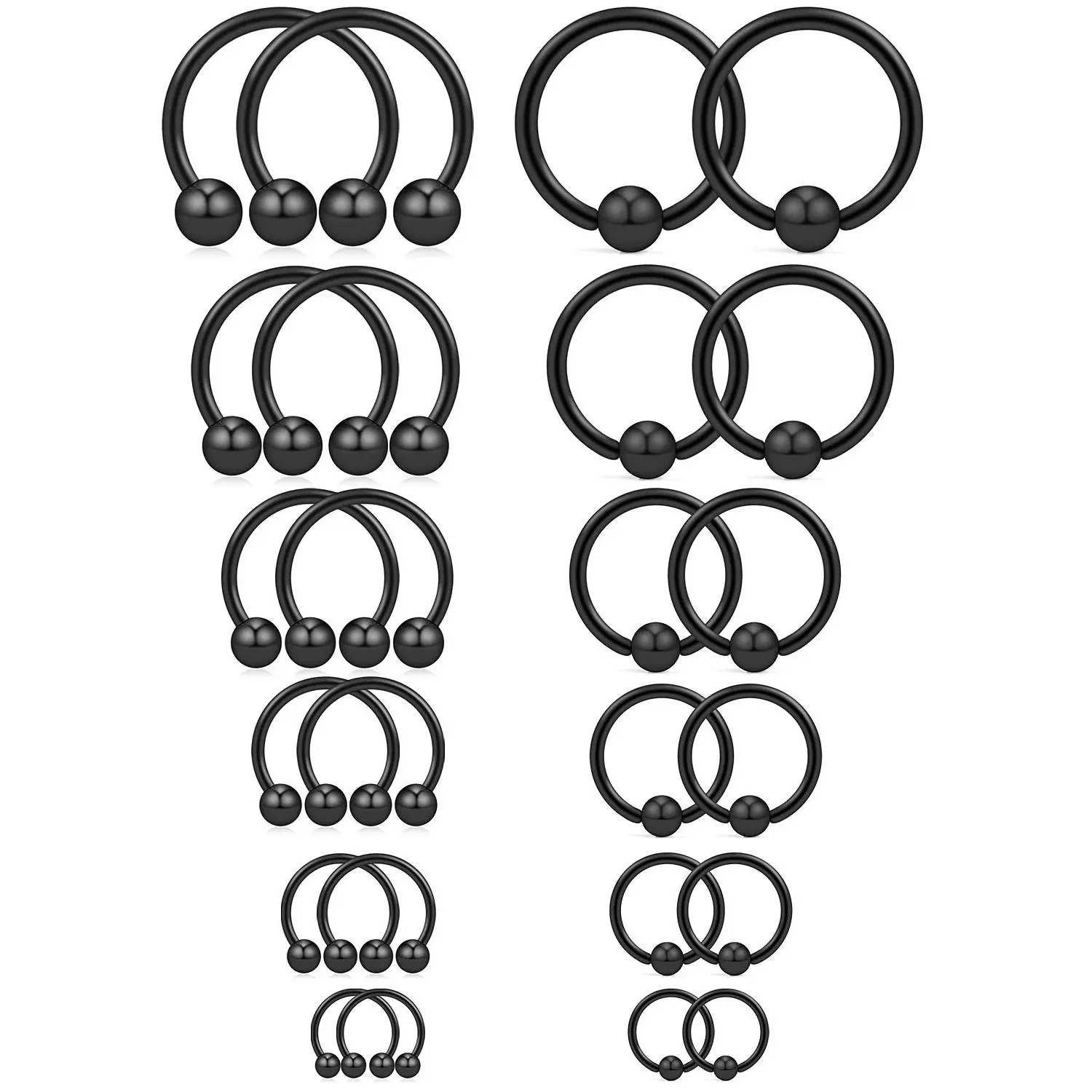 16-24pcs 16g Steel Horseshoe & Captive Bead Nose Hoop Septum Earring Eyebrow Tongue Lip Nipple Helix Tragus Rings 6-16mm