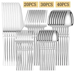 20/30/40pcs Stainless Steel High-End Cutlery Set, Modern Tableware Dinner Sets with Slim Waist and Delicate Handle for 4/6/8 People, Including Knife, Dinner Fork, Dinner Spoon, Teaspoon and Tea Fork, Suitable for Home, Kitchen and Restaurant