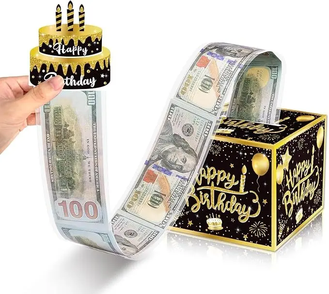 Birthday Money Gift Box with DIY Stickers for Any Age, Surprise Money Boxes for Cash Gift with Pull Out Happy Birthday Day Card and 50Pcs Transparent Bags