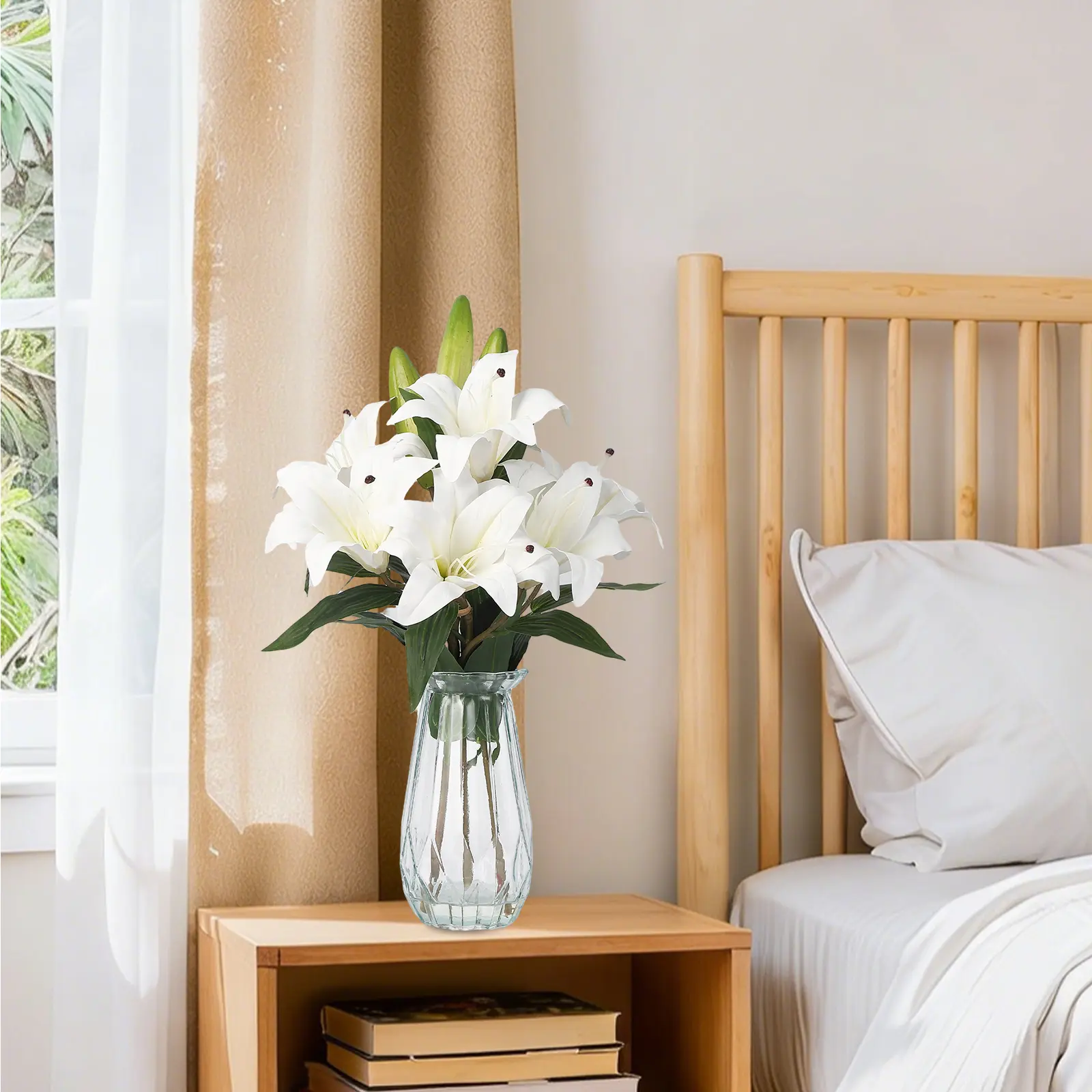 【GARVEE】Artificial Tiger Lily Arrangement with Glass Vase & Faux Water, Real Touch Silk Lilies, Elegant Long Stem Centerpiece for Home, Office, Wedding (Rose & White)