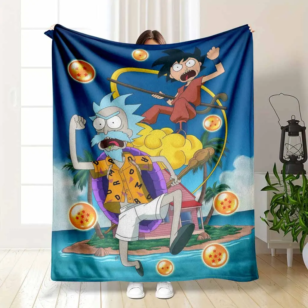 Rick & Morty x Dragon Ball Z Mashup Fan Gift — Lightweight Summer AC Blanket Master Roshi Rick & Kid Goku Morty Print Thin Breathable Flannel Throw for AC Room Soft Cozy Sofa Bed Decor Gift Use summerwins