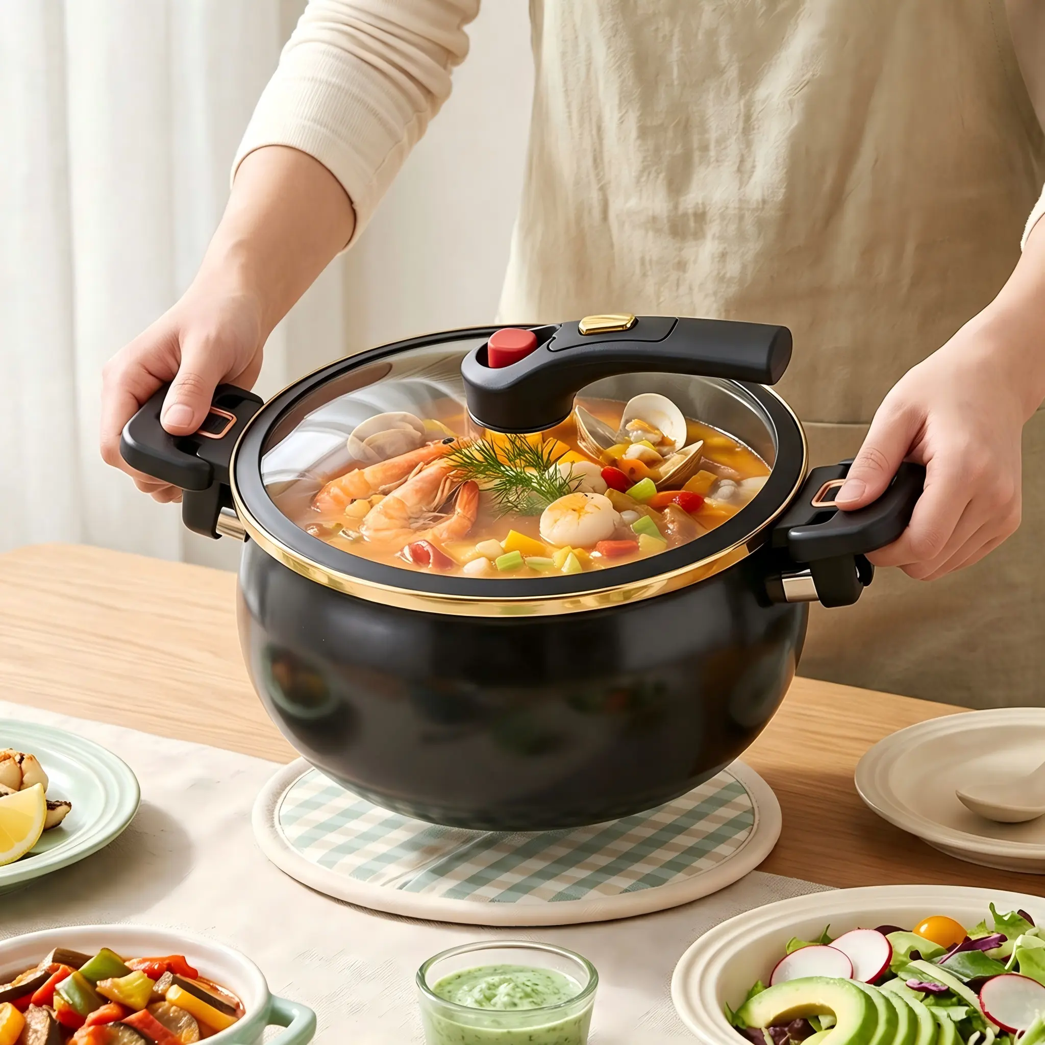 Non-Stick Micro Pressure Cooking Pot With Lockable Glass Lid, Steam Vent & Silicone Rim, , For Stovetop Cooking Pressure Cookers Induction Cookware Round