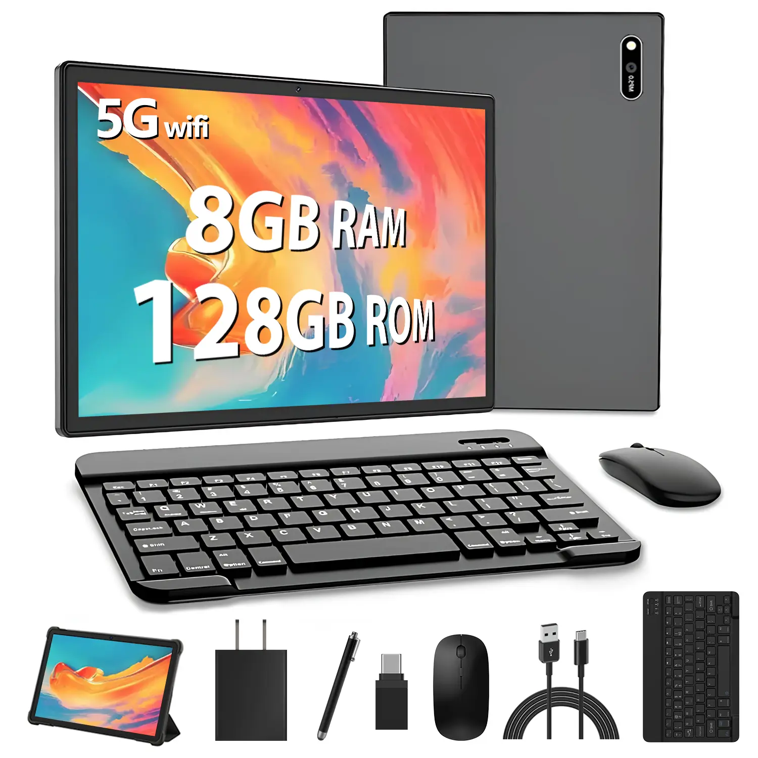 Android 13 Tablet Bundle, 10.1" IPS HD Display, 6GB Native RAM (Supporting 12GB Expand) + 128GB ROM (Up to 1TB Expandable), 8000mAh Battery, WiFi 6, Complete Set with Keyboard, Mouse, Stylus & Protective Case, WiFi-Only Tablet PC