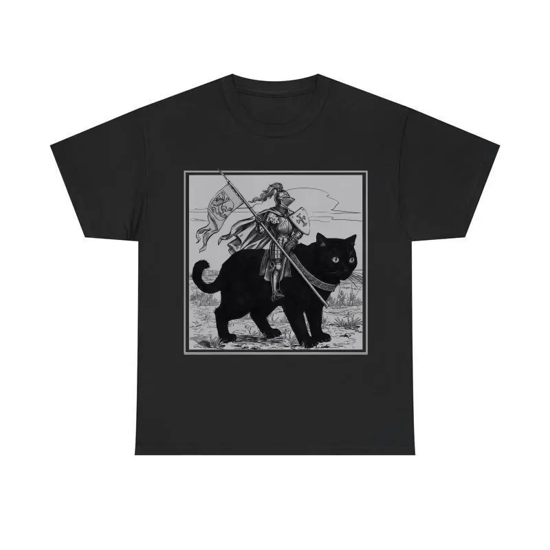 Medieval Knight Shirt, Renaissance Fair Knight Cat Rider, Funny Medieval Shirt, Ren Faire, Funny Meme Shirt, Medieval Fantasy Gift,Black-Hoodie-front Black-Sweatshirt-front