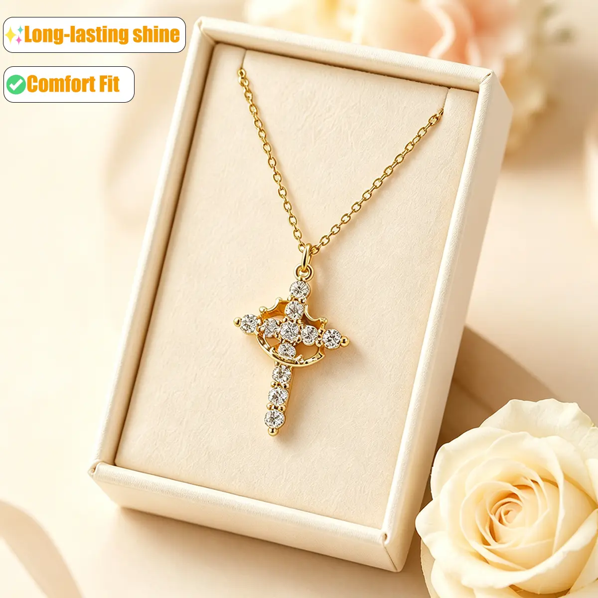 Crown Cross Pendant Necklace for Women, Dainty Crystal Accented Religious Faith Jewelry, Anti-Tarnish Easter Gift