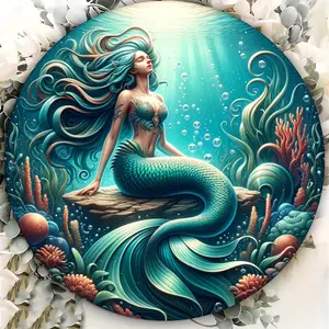 Vintage Iron Round Tin Sign, Mermaid Theme, Rustic Home Decor, Rustic Farmhouse Design, Garden Decoration, Office Wall Art, 8x8 Inch, Perfect Holiday Gift